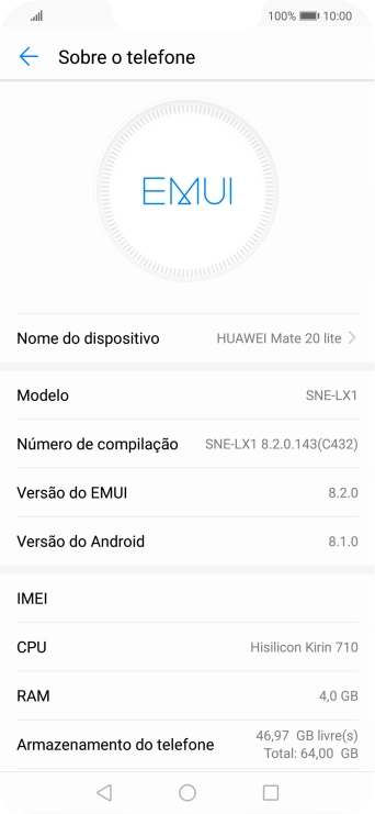 O código IMEI é mostrado no ecrã.