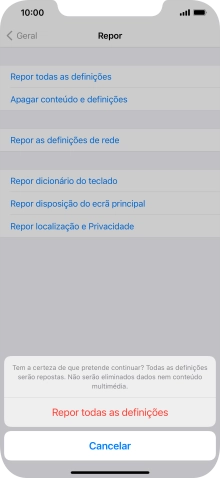 Prima Repor todas as definições. Aguarde um momento enquanto o telefone restabelece as definições originais. Siga as indicações no ecrã para configurar o telefone de modo que este fique pronto a ser utilizado.