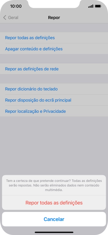 Prima Repor todas as definições. Aguarde um momento enquanto o telefone restabelece as definições originais. Siga as indicações no ecrã para configurar o telefone de modo que este fique pronto a ser utilizado.