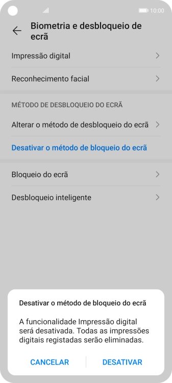 Introduza o código adicional de bloqueio do telefone que criou anteriormente e prima DESATIVAR.