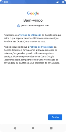 Prima Aceito e siga as indicações no ecrã para escolher as definições da conta Google.