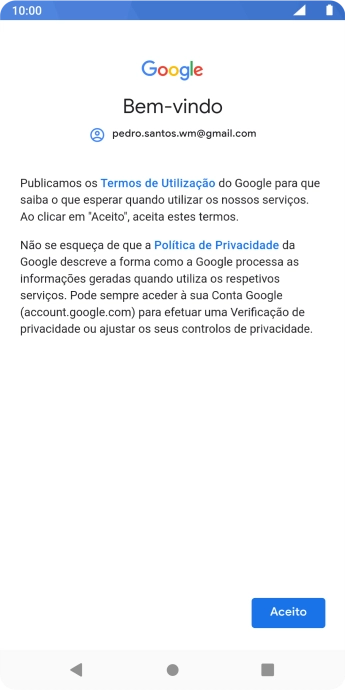 Prima Aceito e siga as indicações no ecrã para escolher as definições da conta Google.