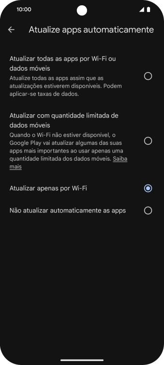 Para ativar a atualização automática de apps via redes móveis, prima Atualizar todas as apps por Wi-Fi ou dados móveis.