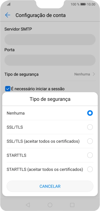 Prima STARTTLS (aceitar todos os certificados) para desativar a função.