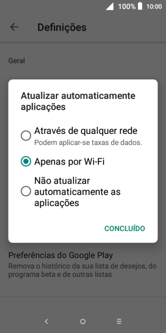 Para ativar a atualização automática de apps via redes móveis, prima Através de qualquer rede.