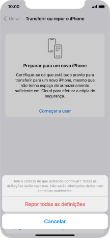 Prima Repor todas as definições. Aguarde um momento enquanto o telefone restabelece as definições originais. Siga as indicações no ecrã para configurar o telefone de modo que este fique pronto a ser utilizado.