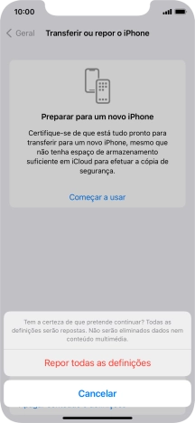 Prima Repor todas as definições. Aguarde um momento enquanto o telefone restabelece as definições originais. Siga as indicações no ecrã para configurar o telefone de modo que este fique pronto a ser utilizado.