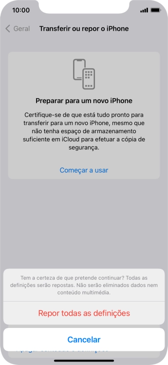 Prima Repor todas as definições. Aguarde um momento enquanto o telefone restabelece as definições originais. Siga as indicações no ecrã para configurar o telefone de modo que este fique pronto a ser utilizado.