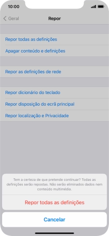 Prima Repor todas as definições. Aguarde um momento enquanto o telefone restabelece as definições originais. Siga as indicações no ecrã para configurar o telefone de modo que este fique pronto a ser utilizado.