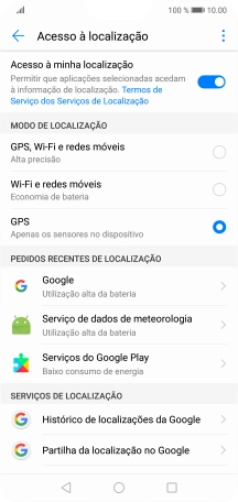 Se escolher GPS, Wi-Fi e redes móveis, o telefone irá encontrar a sua localização precisa utilizando os satélites GPS, a rede móvel e as redes Wi-Fi nas proximidades. A navegação por satélite GPS requer vista livre ao céu.