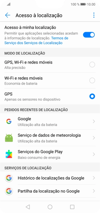 Se escolher GPS, Wi-Fi e redes móveis, o telefone irá encontrar a sua localização precisa utilizando os satélites GPS, a rede móvel e as redes Wi-Fi nas proximidades. A navegação por satélite GPS requer vista livre ao céu.