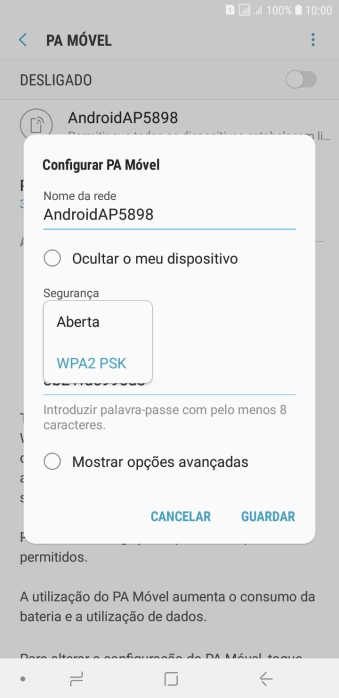 Prima WPA2 PSK para proteger o hotspot Wi-Fi com uma password.