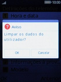Prima a tecla esquerda de seleção para confirmar. Aguarde um momento enquanto o telefone restabelece as definições originais. Siga as indicações no ecrã para configurar o telefone de modo que este fique pronto a ser utilizado.