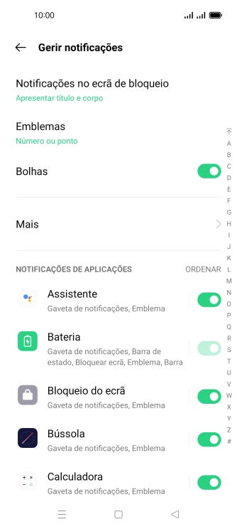 Prima o indicador junto às apps pretendidas para ativar ou desativar a função.