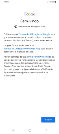 Prima Aceito e siga as indicações no ecrã para escolher as definições da conta Google.