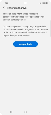 Prima Apagar tudo. Aguarde um momento enquanto o telefone restabelece as definições originais. Siga as indicações no ecrã para configurar o telefone de modo que este fique pronto a ser utilizado.