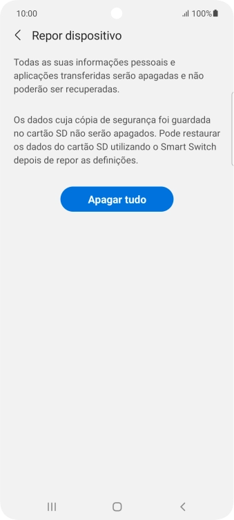 Prima Apagar tudo. Aguarde um momento enquanto o telefone restabelece as definições originais. Siga as indicações no ecrã para configurar o telefone de modo que este fique pronto a ser utilizado.