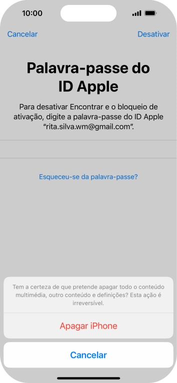 Introduza a password do ID Apple e prima Apagar iPhone. Aguarde um momento enquanto o telefone restabelece as definições originais. Siga as indicações no ecrã para configurar o telefone de modo que este fique pronto a ser utilizado.