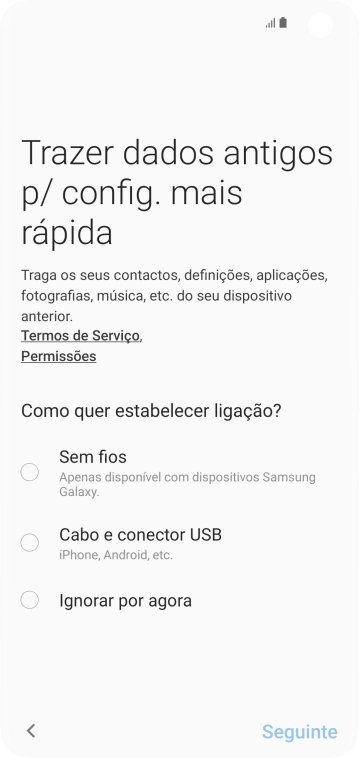 É possível transferir conteúdo de outro telefone quando o telefone for ativado antes da primeira utilização e quando o telefone tiver sido reiniciado. Quando esta imagem for mostrada no ecrã, o telefone está pronto para transferir conteúdo de outro telefone.