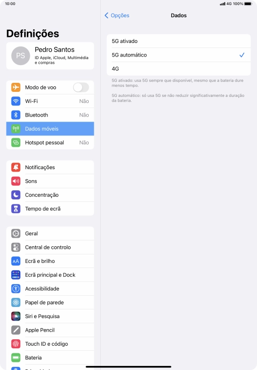 Para ativar o uso preferencial de 5G, prima 5G ativado.