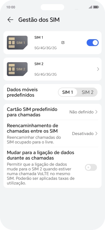 Prima o indicador  junto ao cartão SIM pretendido para ativar ou desativar a utilização do cartão SIM.