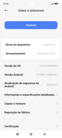Prima Versão do OS. Se existir uma nova versão de software disponível, será agora indicado no ecrã. Siga as indicações no ecrã para atualizar o software do telefone.