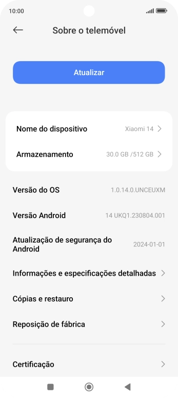 Prima Versão do OS. Se existir uma nova versão de software disponível, será agora indicado no ecrã. Siga as indicações no ecrã para atualizar o software do telefone.