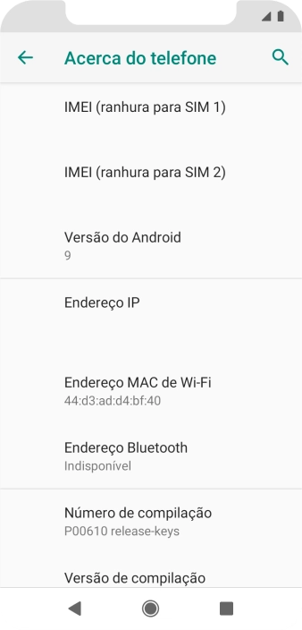 O código IMEI é mostrado no ecrã.