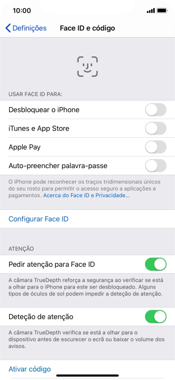 Prima Ativar código e introduza um código de bloqueio do telefone à escolha duas vezes de seguida.