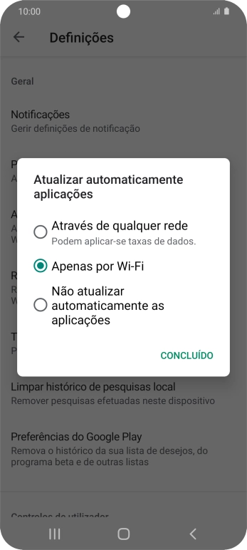 Para ativar a atualização automática de apps via redes móveis, prima Através de qualquer rede.