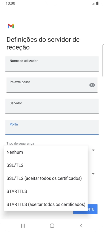 Prima SSL/TLS para ativar a função.