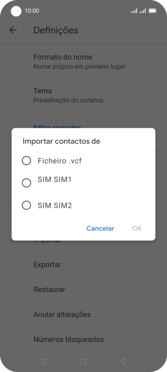Prima o cartão SIM pretendido.