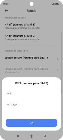 O código IMEI é mostrado no ecrã.