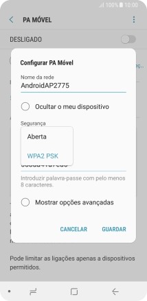Prima WPA2 PSK para proteger o hotspot Wi-Fi com uma password.