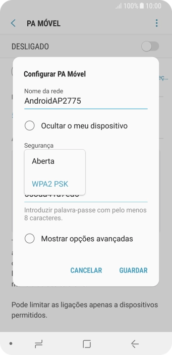 Prima WPA2 PSK para proteger o hotspot Wi-Fi com uma password.