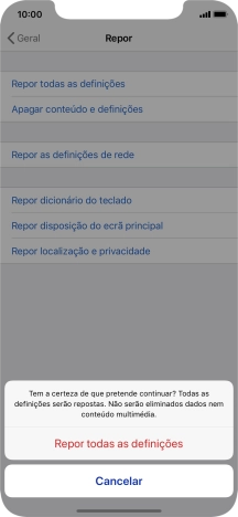 Prima Repor todas as definições. Aguarde um momento enquanto o telefone restabelece as definições originais. Siga as indicações no ecrã para configurar o telefone de modo que este fique pronto a ser utilizado.