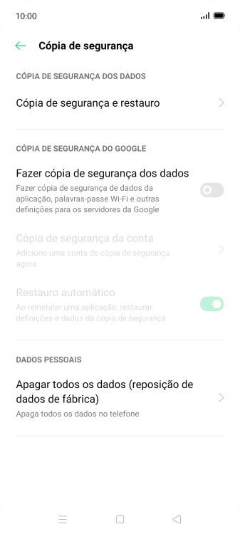 Prima Apagar todos os dados (reposição de dados de fábrica).