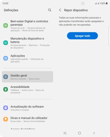 Prima Apagar tudo. Aguarde um momento enquanto o telefone restabelece as definições originais. Siga as indicações no ecrã para configurar o telefone de modo que este fique pronto a ser utilizado.