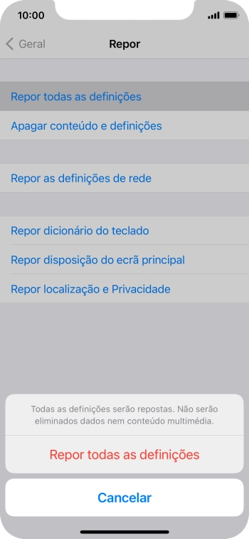 Prima Repor todas as definições.