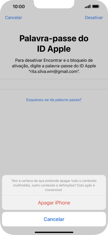 Introduza a password do ID Apple e prima Apagar iPhone. Aguarde um momento enquanto o telefone restabelece as definições originais. Siga as indicações no ecrã para configurar o telefone de modo que este fique pronto a ser utilizado.