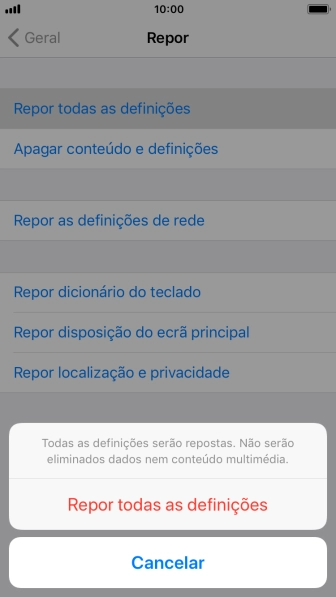 Prima Repor todas as definições.