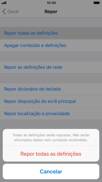 Prima Repor todas as definições.