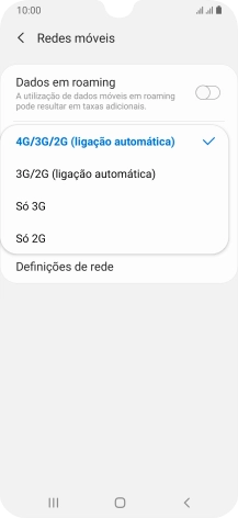 Prima o tipo de rede pretendido.