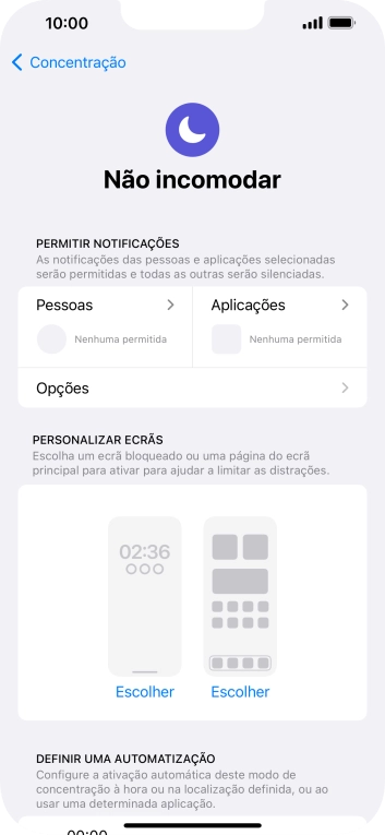Prima Pessoas e siga as indicações no ecrã para escolher quais os contactos de que pretende receber chamadas e notificações, enquanto a função “Não incomodar” está ativada.