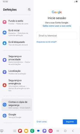 Se não tiver uma conta Google, prima Criar conta e siga as indicações no ecrã para criar uma conta.