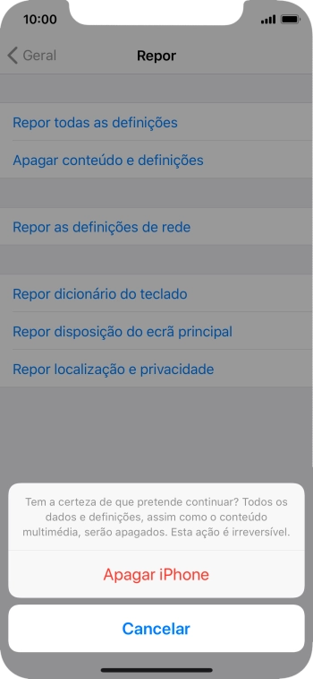 Prima Apagar iPhone. Aguarde um momento enquanto o telefone restabelece as definições originais. Siga as indicações no ecrã para configurar o telefone de modo que este fique pronto a ser utilizado.