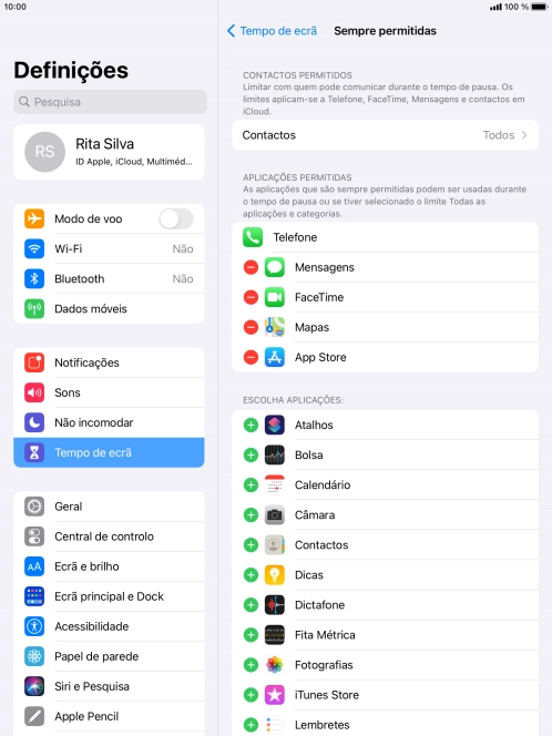 Prima o ícone para remover junto da app pretendida para a remover da lista de apps permitidas durante o Tempo de pausa.