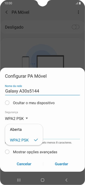 Prima WPA2 PSK para proteger o hotspot Wi-Fi com uma password.