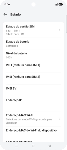 O código IMEI é mostrado no ecrã.