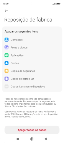 Prima Apagar todos os dados.